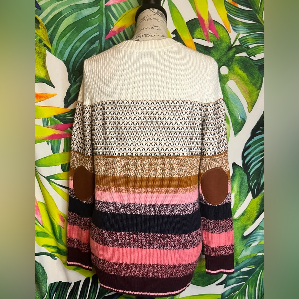 Talbots MP Ivory Pink Red Stripe Preppy Fall Winter City Elbow Patch Sweater